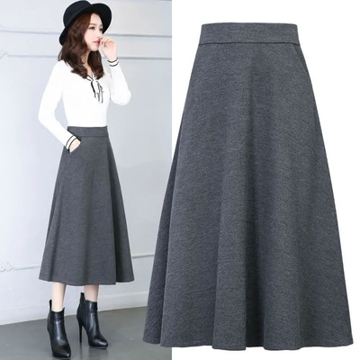 Autumn winter fat mm solid wool tweed skirt big swing A-line skirt high waist medium length large size women's long skirt big swing skirt