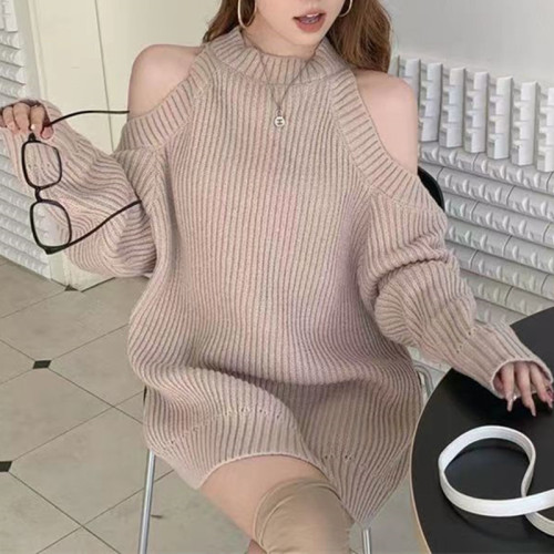Lavish and Leisurely Style Half-High Collar Woolen Dress for Women - Autumn/Winter Loose Medium-Length Shoulder-Strap V-Neck Knit Top
