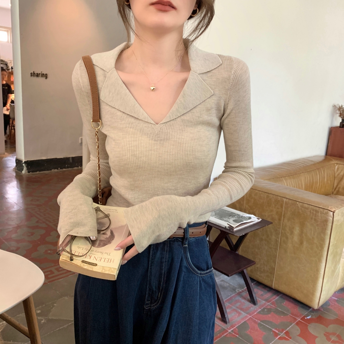 Actual shot of autumn and winter Korean style slim-fitting polo collar design with temperament and versatile knitted bottoming long-sleeved sweater for women