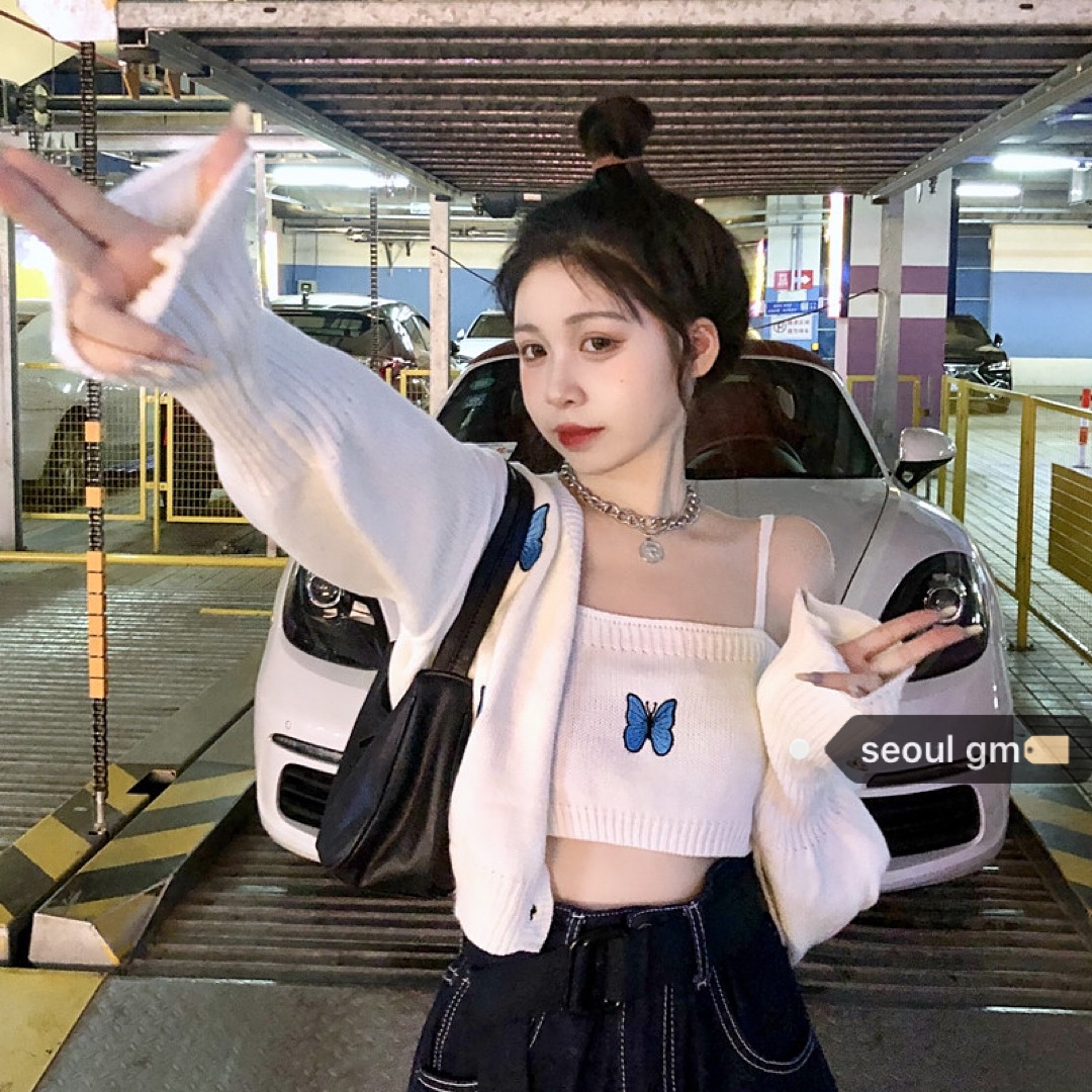 South Korea imported spring new embroidered butterfly knitted suspender cardigan two-piece suit