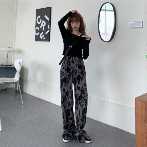 Wide leg pants women's high waist drop summer thin ink dyed pleated toothpick pants loose and slim floor length pants