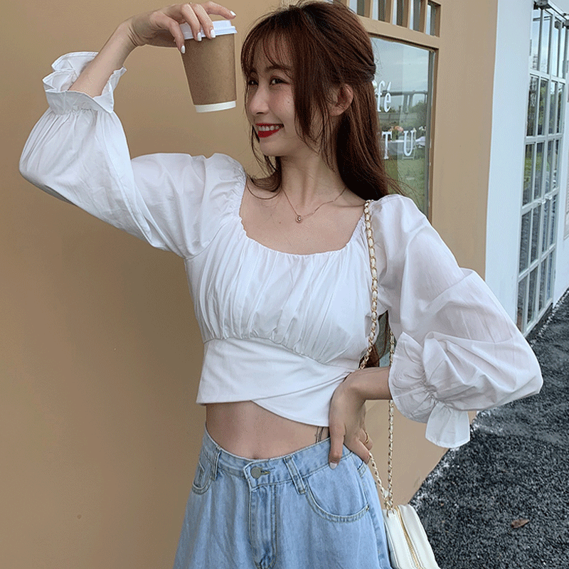 Back bow tie strapped waist shirt for women 2023 spring new design niche square collar trumpet sleeve top