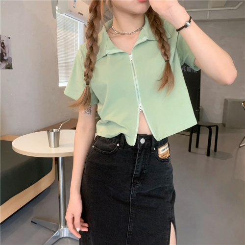 Poly collar design zipper solid color T-shirt cardigan