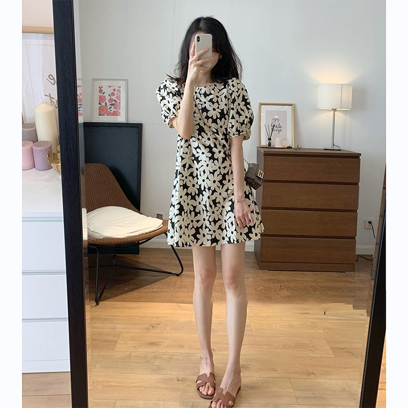 Little Daisy floral dress women's summer bubble sleeve skirt short skirt A-line skirt