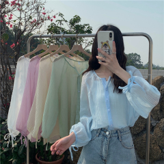 Real price new chiffon shirt women's design lace up long sleeve sunscreen top