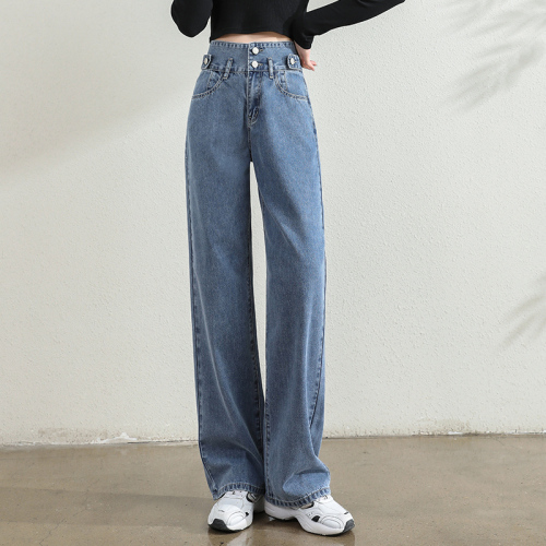 Actual shooting of the new autumn 2021 Wide Leg Jeans multi button floor mops and high waist pants