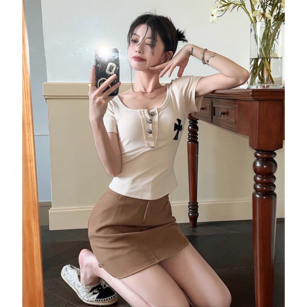 Pure desire style T-shirt women's summer cross slim design sense of minority spice girl's front shoulder chic short sleeved top