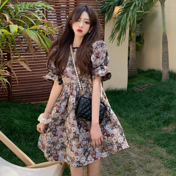Summer new retro bear bubble sleeve dress, minority design, first love tea break skirt