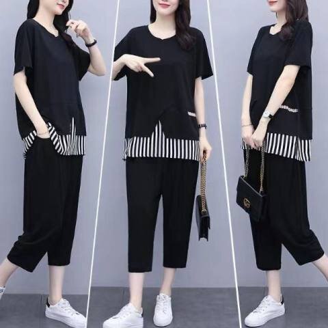 Summer new large size women's clothing fat MM200 catties splicing striped top loose and thin nine-point pants two-piece set for women