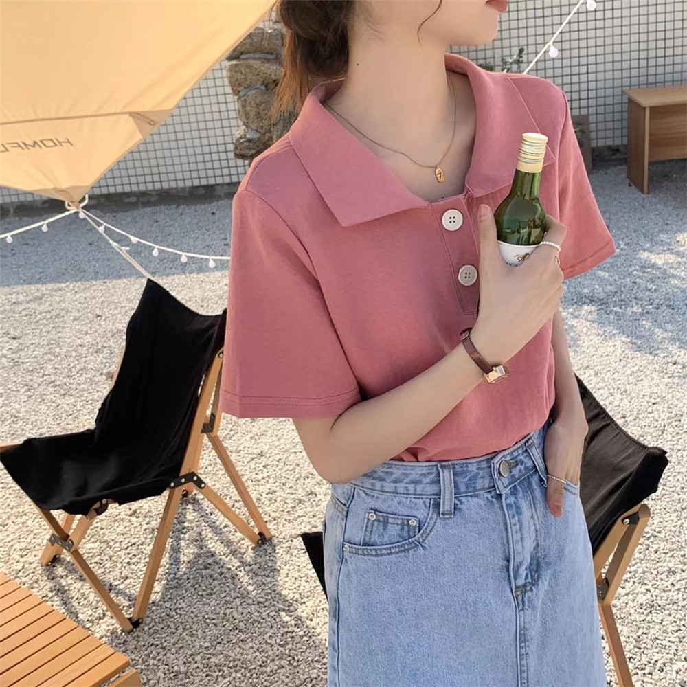 Official image Netty wrap collar pure cotton-solid color all-match short-sleeved lapel polo T-shirt top for women