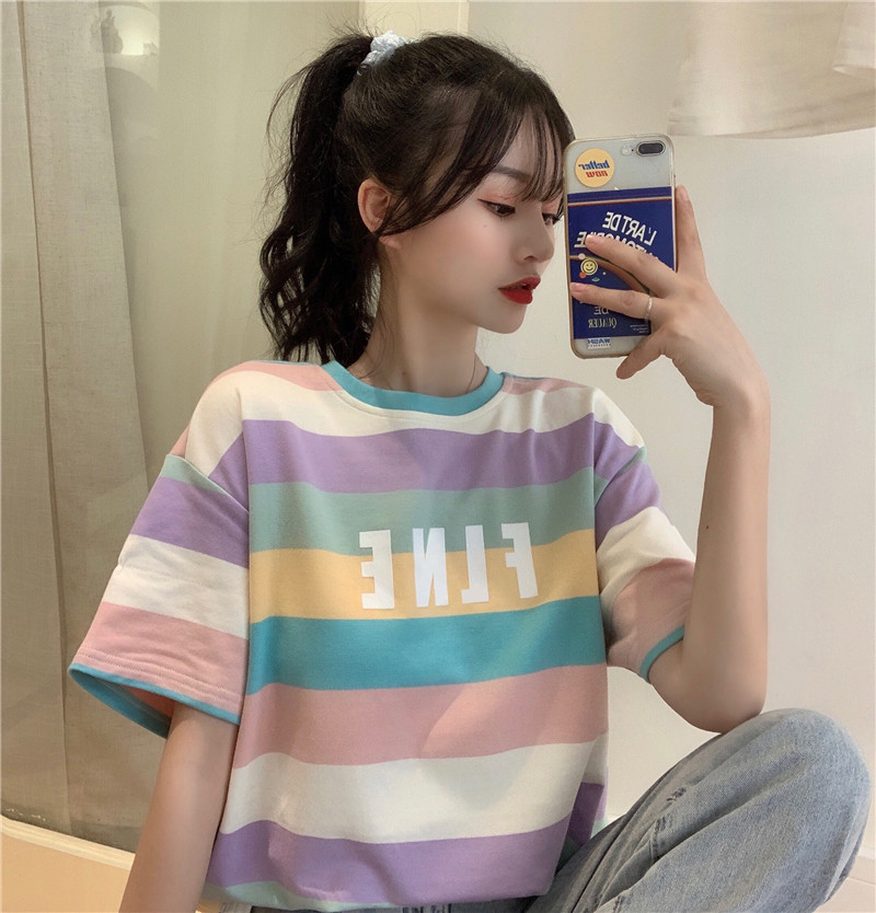 ~Internet celebrity striped T-shirt short-sleeved women's Korean style loose Hyuna rainbow top ins trend color matching