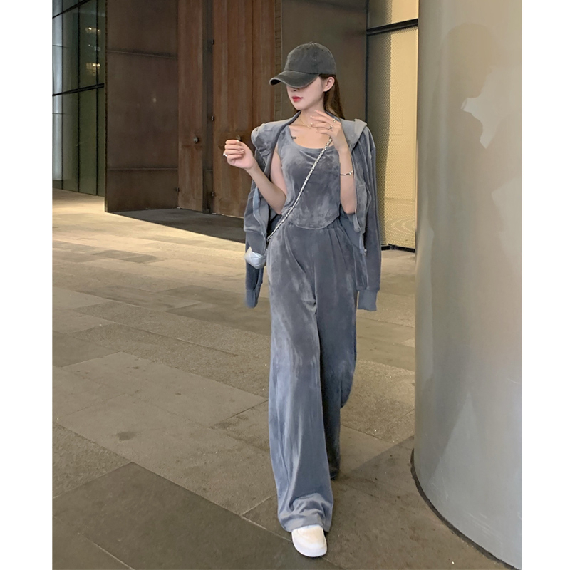 Velvet Sweater Casual Suit Women's 2022 Autumn/Winter Design Loose Lazy Tank Top Sweatpants Three-piece Set