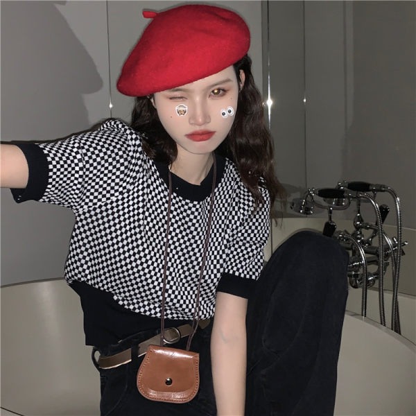 Summer 2023 new retro plaid contrast color short-sleeved knitted sweater casual short style versatile fashion outerwear tops