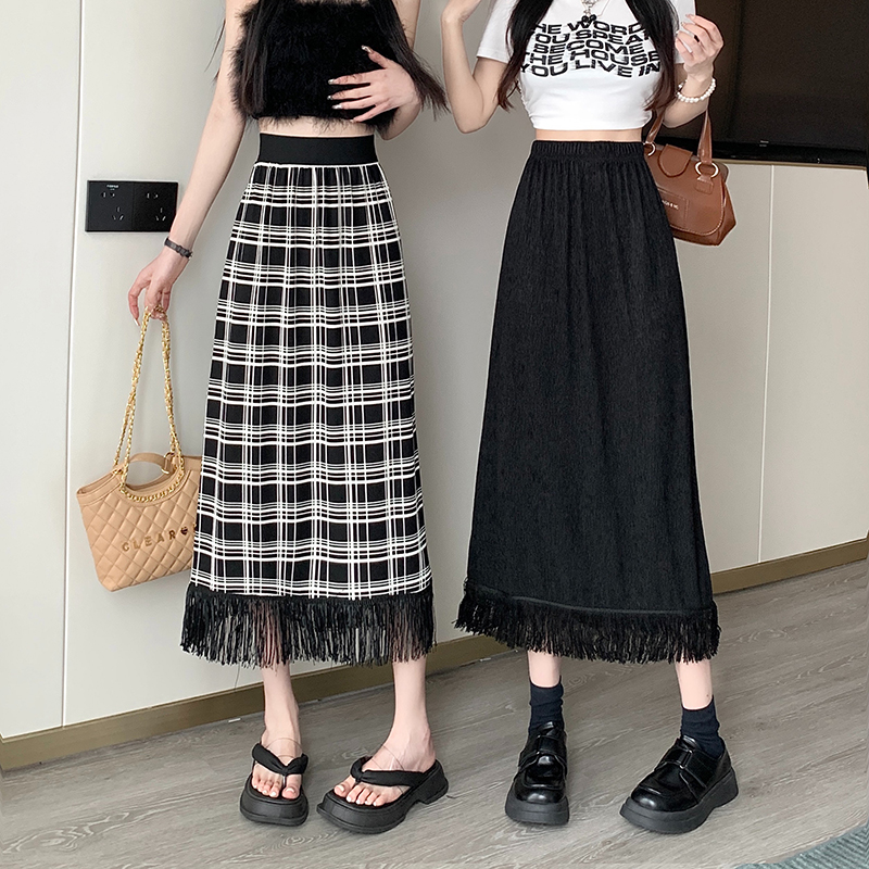 Real shot of ice silk tassel skirt female 2023 summer new high waist thin straight black long skirt with back slit