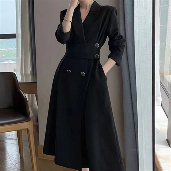 High-end Internet celebrity popular suit dress women's spring new waist slim long-sleeved suit collar mid-length skirt