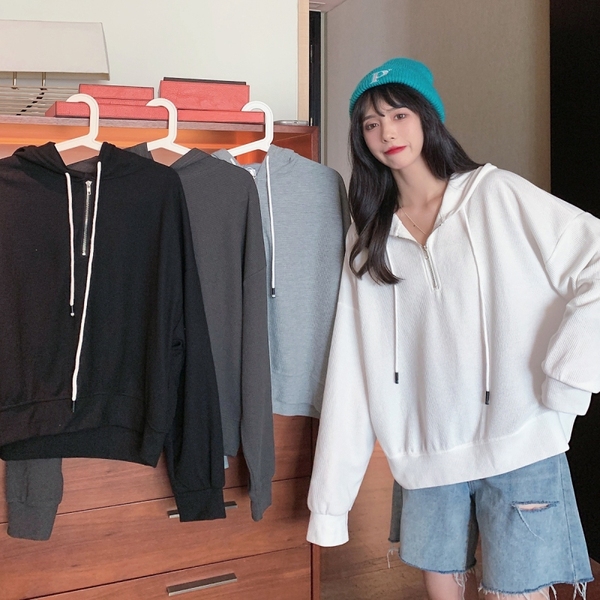 Real photo waffle solid color semi zipper Pullover women's spring and autumn loose thin early autumn coat