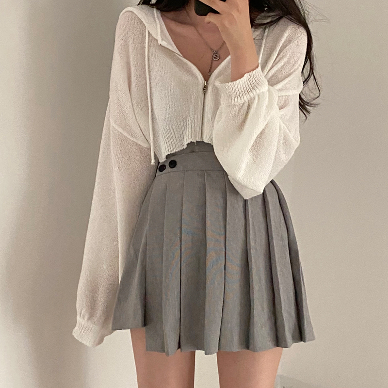 Real price Korean autumn new hooded short thin sweater jacket ice silk knitted casual cardigan for women