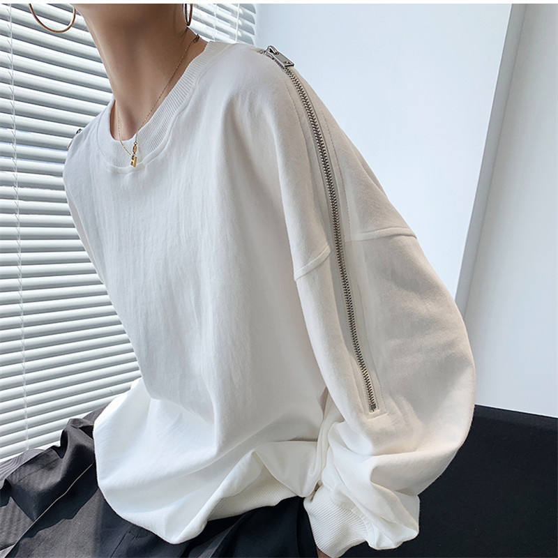 Fried Street sweater women 2020 new autumn off shoulder zipper loose Korean design feeling long sleeve top fashion