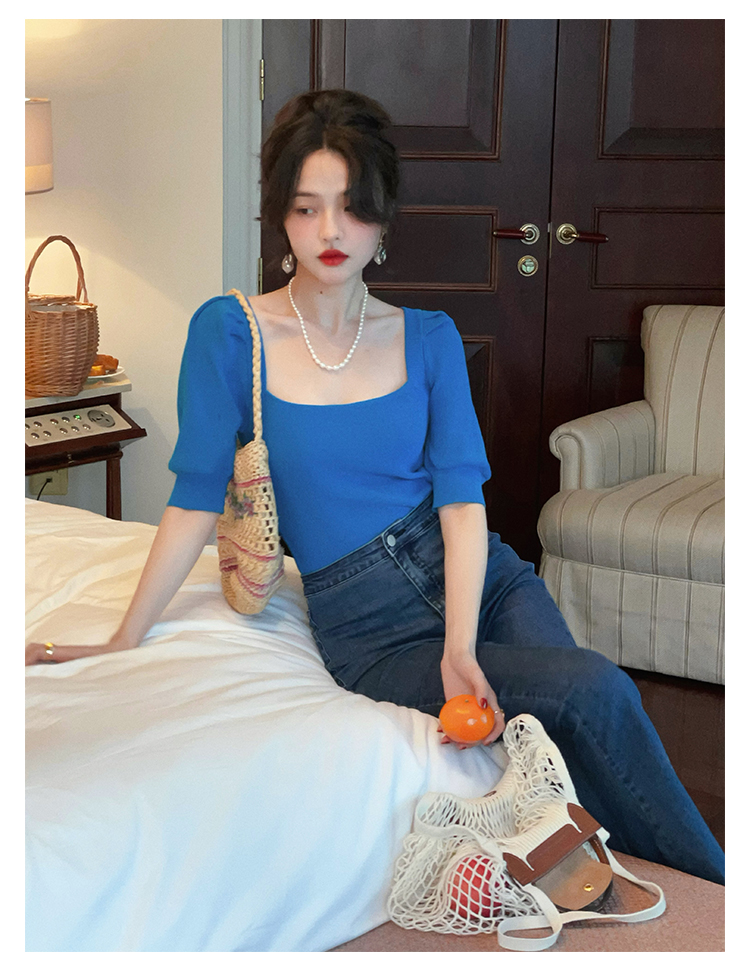 Wine afternoon French retro spring and summer new style bubble sleeve square neck sweater thin slim and thin clavicle top women