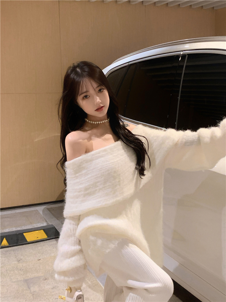 Lazy style one-shoulder sweater knitted sweater women's autumn and winter design sense mid-length loose all-match outerwear long-sleeved top