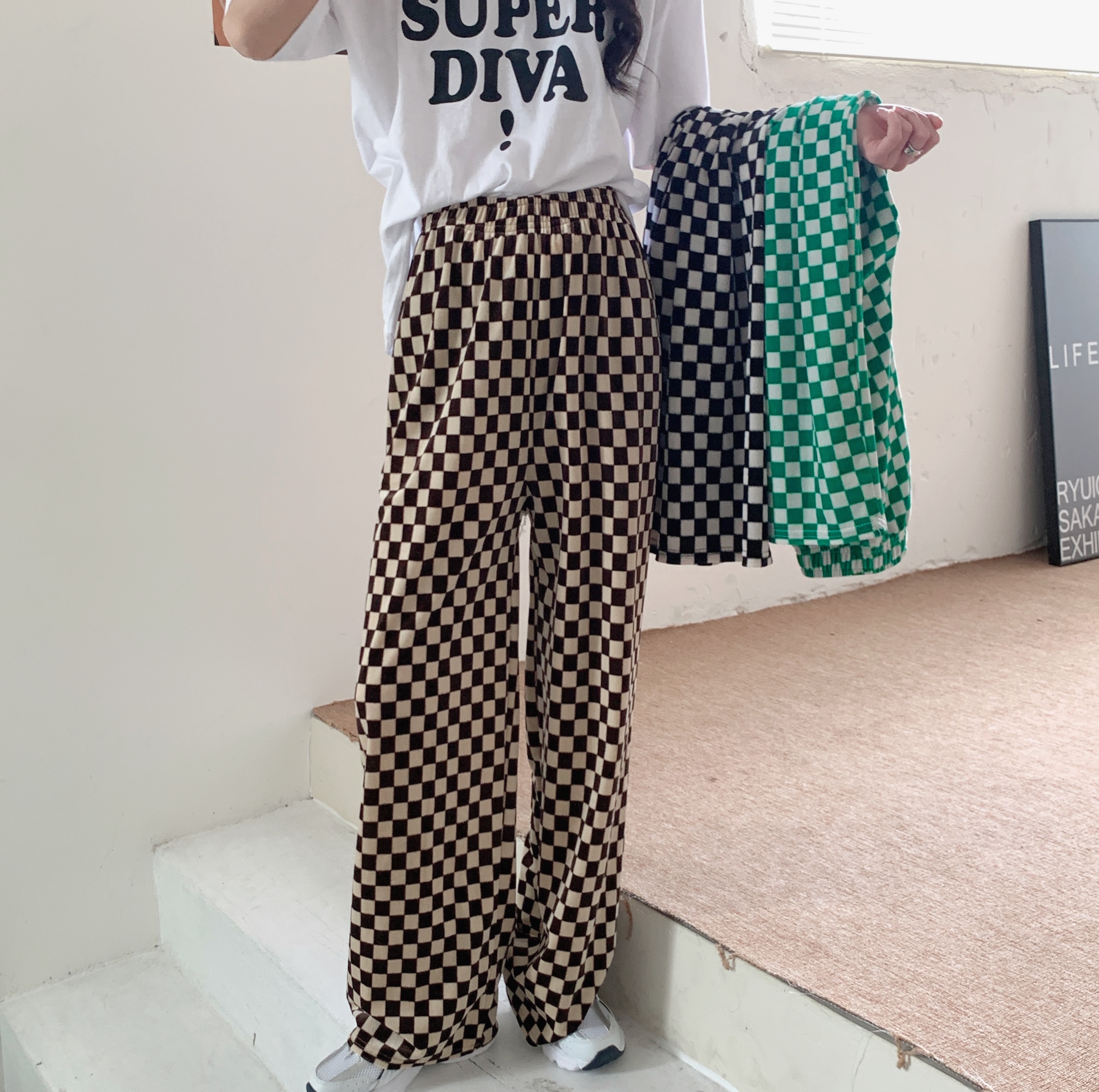 Real time chessboard check pants children's spring slim casual straight pants loose black and white check hanging feeling wide leg pants