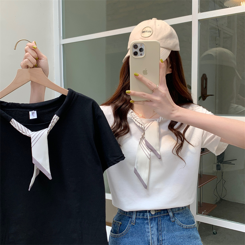 Real shot 6535 pull frame 2023 summer short-sleeved T-shirt female design sense niche popular top ins