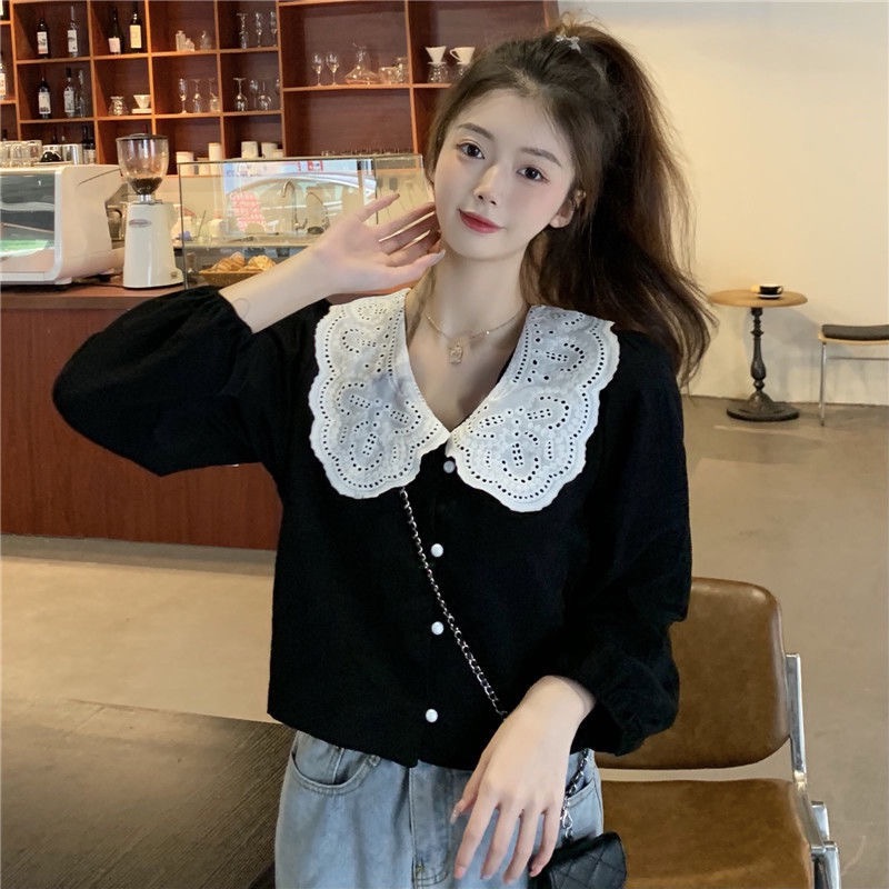 Black baby collar shirt women's spring and autumn design shirt 2022 new French long sleeve short upper garment