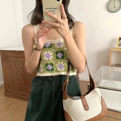 Knitted sling women's summer French sleeveless niche design sense foreign style hollow hook flower short loose vest top