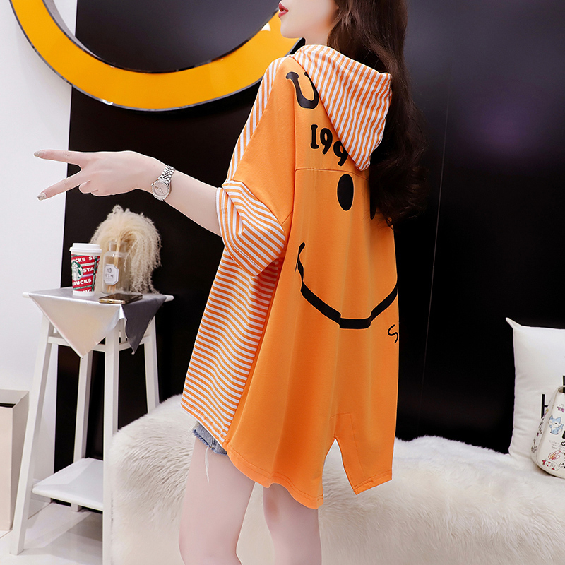6535 pull frame cotton spring and summer 2023 front short back long letter print stitching hooded short-sleeved T-shirt
