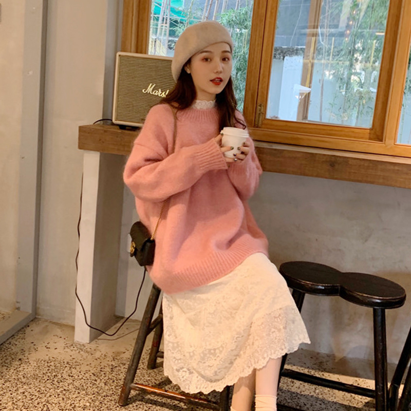 Pink sweater women's loose wear new autumn winter lazy style Pullover Mori Vintage Port style sweater