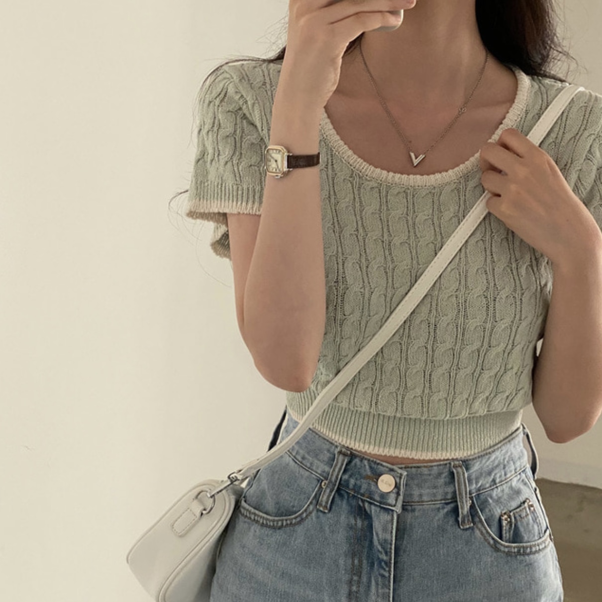 Real price Korean chic summer ice thin knit round neck color matching retro fried dough twist top women