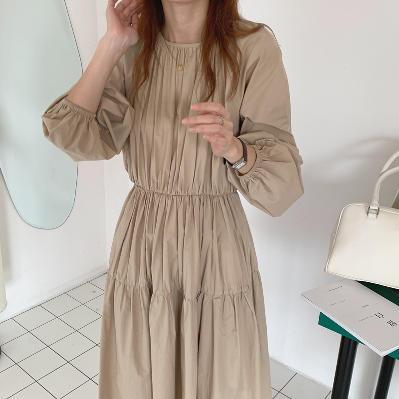 Real price French lazy retro waist fold design long dress