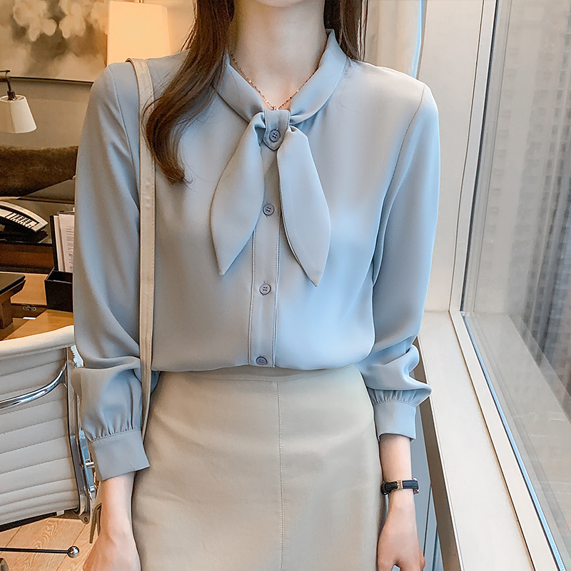2021 autumn new chiffon shirt women's long sleeve design sense of minority rabbit ear bow tie professional blue