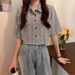 Real Price vintage cut flower short shirt women polo collar short sleeve shirt