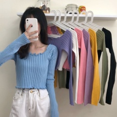 Early autumn 2020 new Korean version of small high waisted open navel top small square collar lace long sleeve sweater women fashion