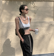 Real time photo of Yalu navel sling letter tank top women wearing U-neck sexy slim sleeveless bottoming and short fashion