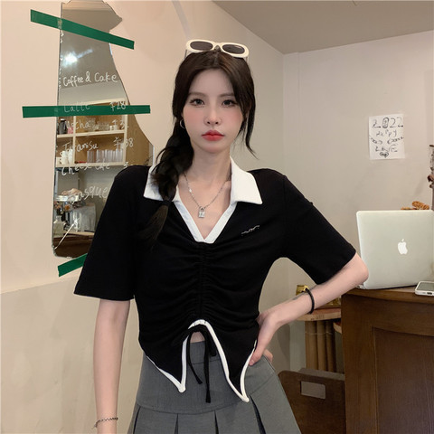 Real shot real price slightly fat mm THIN polo collar short sleeve T-shirt women's new irregular top in summer