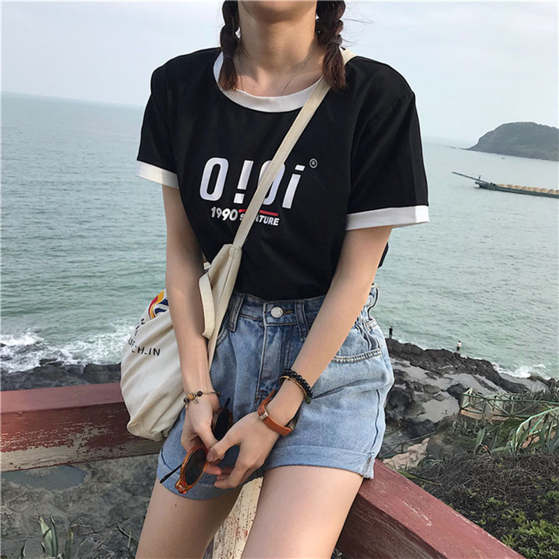 Official photo 6535 cotton fine shuttle 200g Korean version chic West wood printing academy style contrast short sleeve