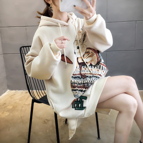 Real shot winter new Korean version loose round neck printing medium and long plus size women's clothing plus velvet thick sweater women