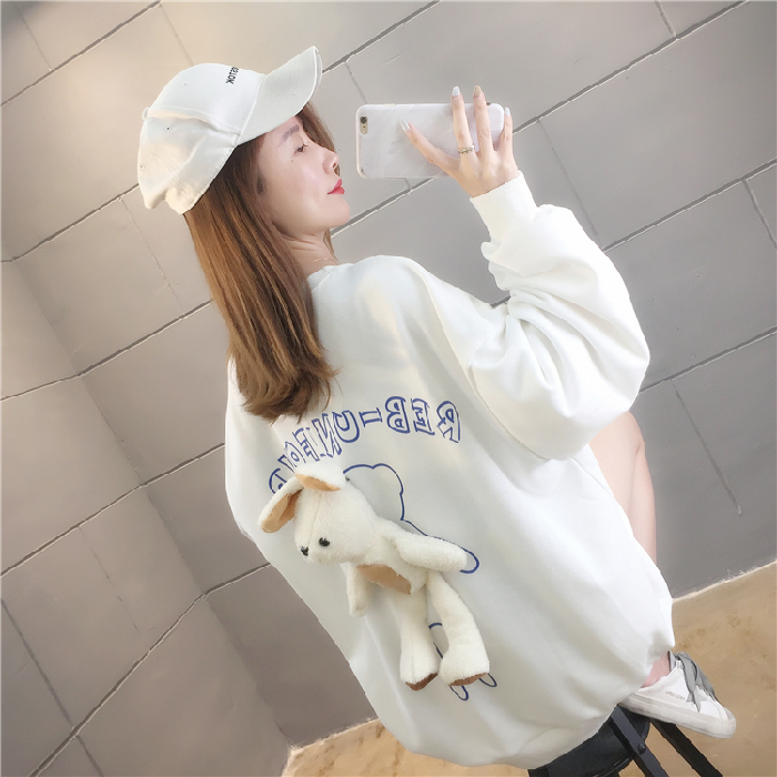 Real shot ~ 25 cotton fish scale ~ Korean printed back doll thin medium length loose large size sweater woman