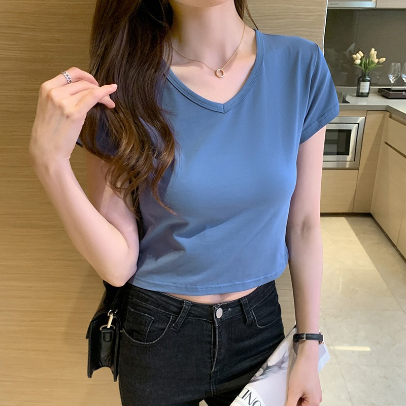 Real shooting pure cotton short sleeve T-shirt women's exposed navel short summer 2022 basic blank solid color V-neck top