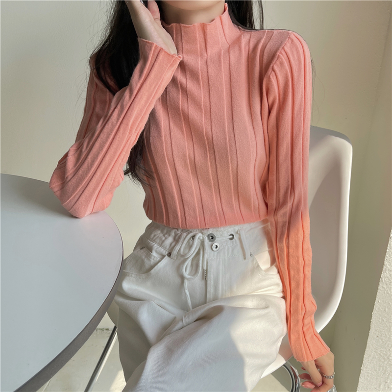 Real shot real price personality pit strip rolled edge knitted half turtleneck pullover bottoming sweater women