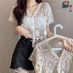 2023 new Korean version V-neck foreign style hollow all-match cardigan short-sleeved women's top