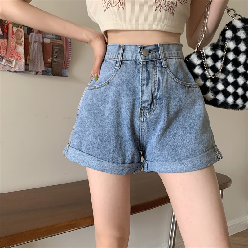 Real shooting Cowboy SHORTS women's summer thin high waist a-word new ultra short hot pants design trendy