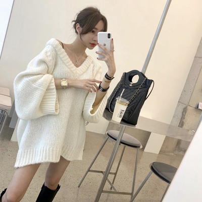 Autumn and winter V-neck thickened trumpet sleeve sweater coat women's loose lazy sweater