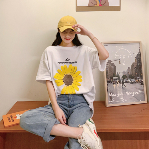 Double milled milk silk Korea fashion printed Daisy short sleeve T-shirt for women