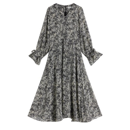 Real shot of the dress with new splash ink Chiffon flowers and overcoat in autumn and winter 2020