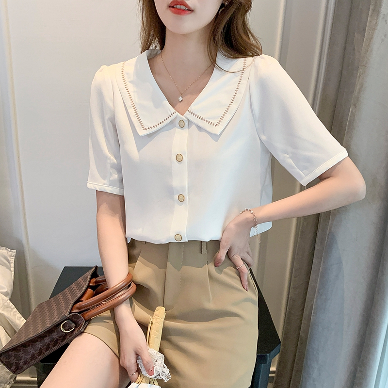 Real shot Chiffon short sleeve shirt female 2021 summer new Hong Kong style retro baby collar white top