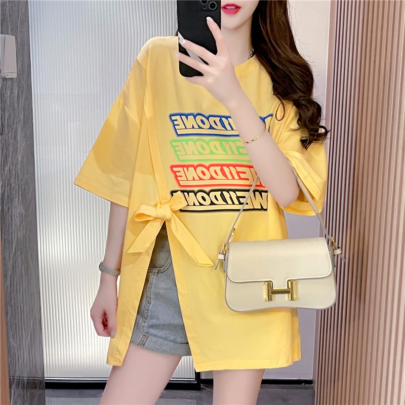 Korean medium and long split short sleeve T-shirt women's loose 2022 summer net red letter printing design top