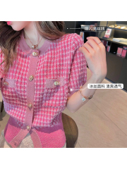 Thin ice silk small fragrance knitwear cardigan short sleeve short top women's summer design niche 2021 NEW